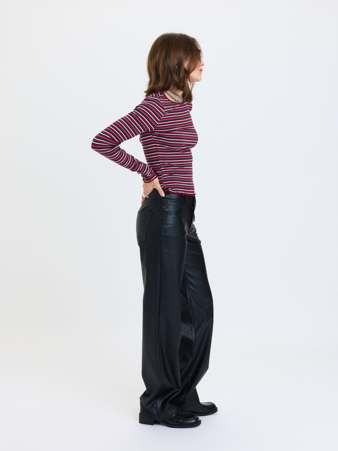 Daze Denim Keeper Faux Leather Straight Pants in Black — side view of low-rise relaxed straight leg | Jayden P Boutique
