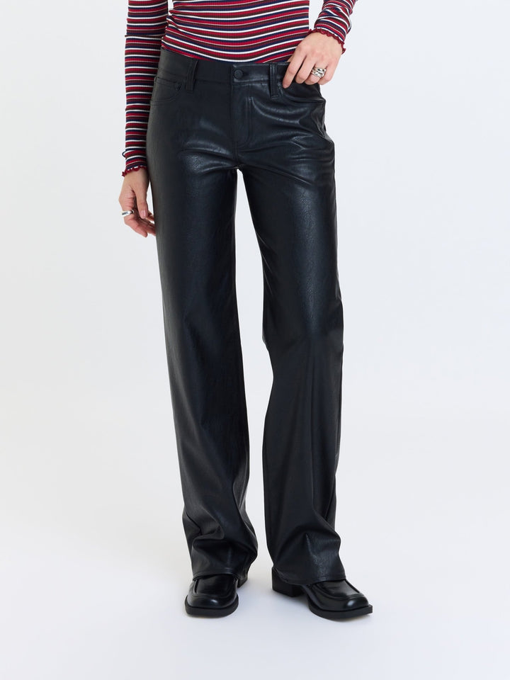 Daze Denim Keeper Faux Leather Straight Pants in Black — close-up of full-length straight leg and hem | Jayden P Boutique