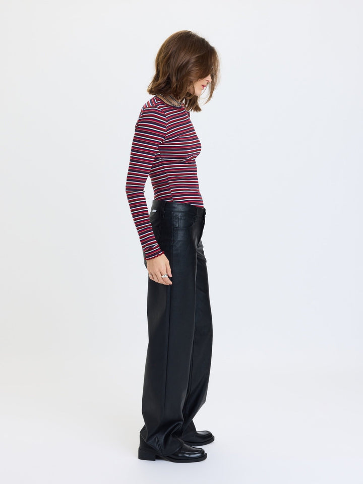 Daze Denim Keeper Faux Leather Straight Pants in Black — side profile showing sleek coated finish | Jayden P Boutique