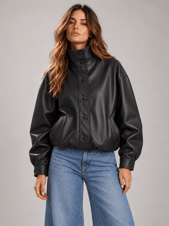 Daze Denim Phantom Faux Leather Funnel Neck Jacket in black — studio front view