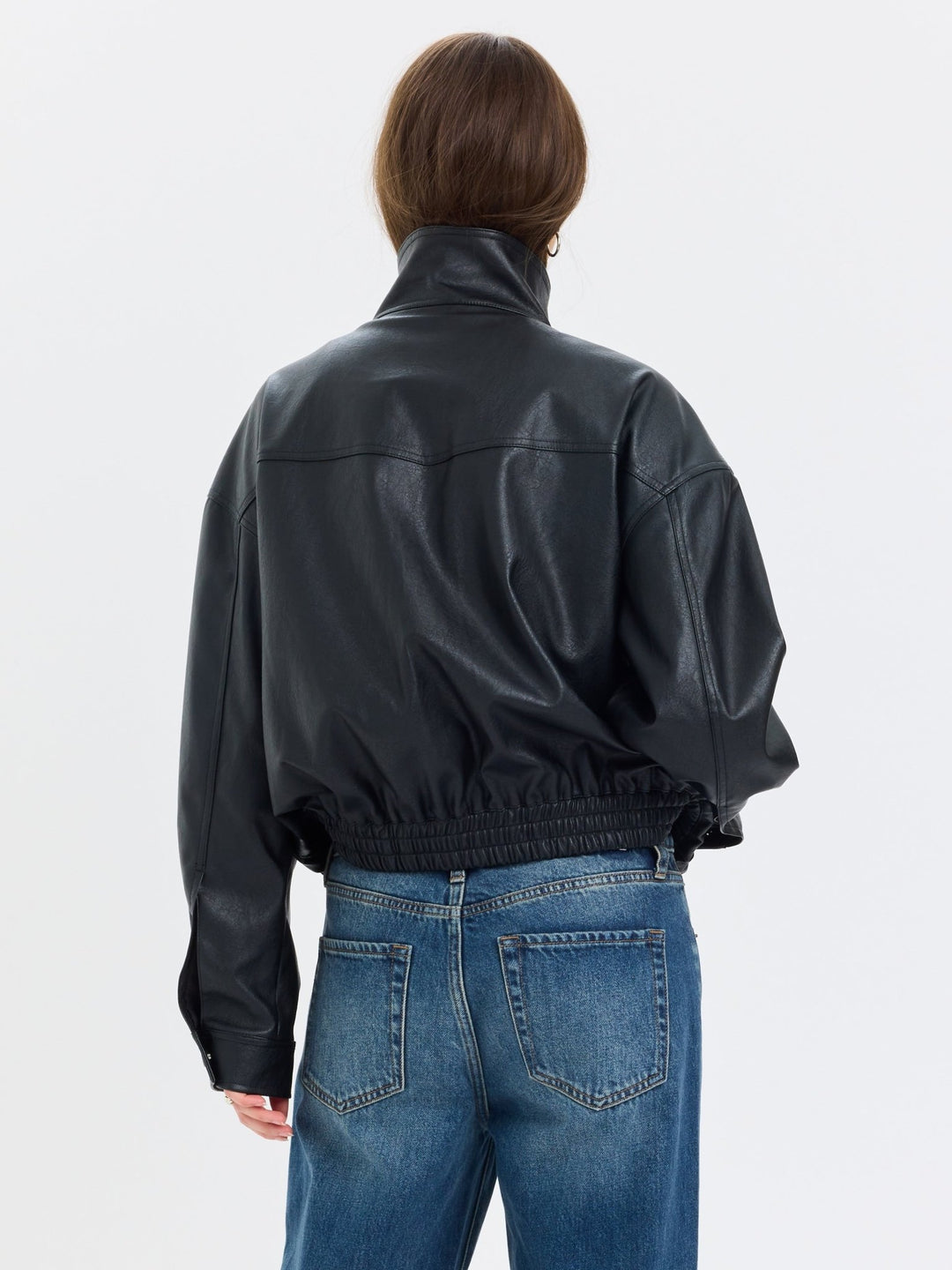 Daze Denim Phantom Faux Leather Jacket in Black — back view of oversized fit and hip length | Jayden P Boutique