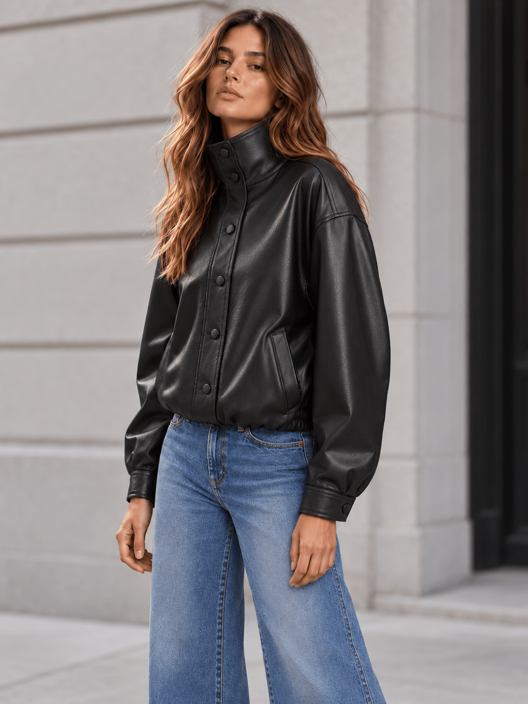 Daze Denim Phantom Faux Leather Funnel Neck Jacket in black — three-quarter city view