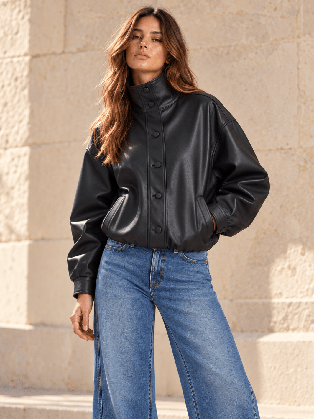 Daze Denim Phantom Faux Leather Funnel Neck Jacket in black — editorial front view against a warm stone wall