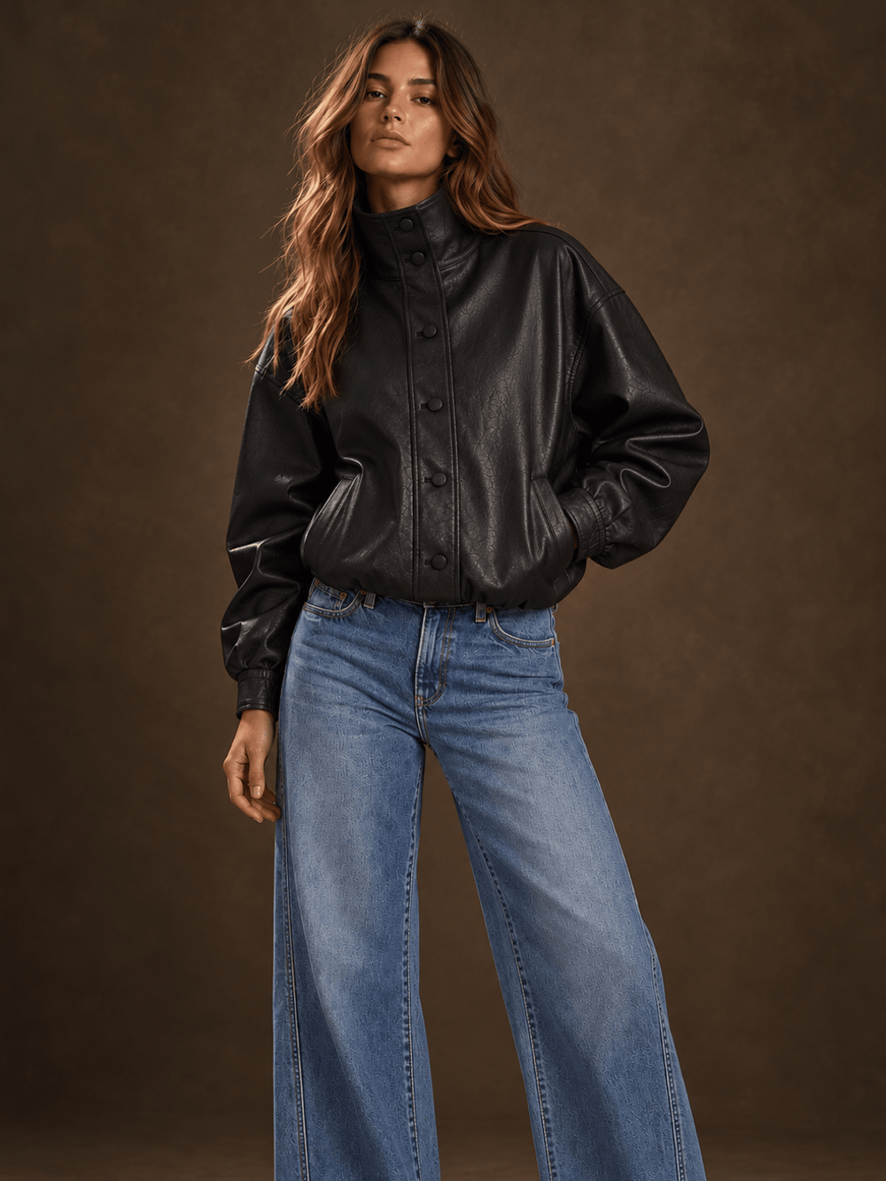 Daze Denim Phantom Faux Leather Funnel Neck Jacket in black — full-length editorial front view on espresso background