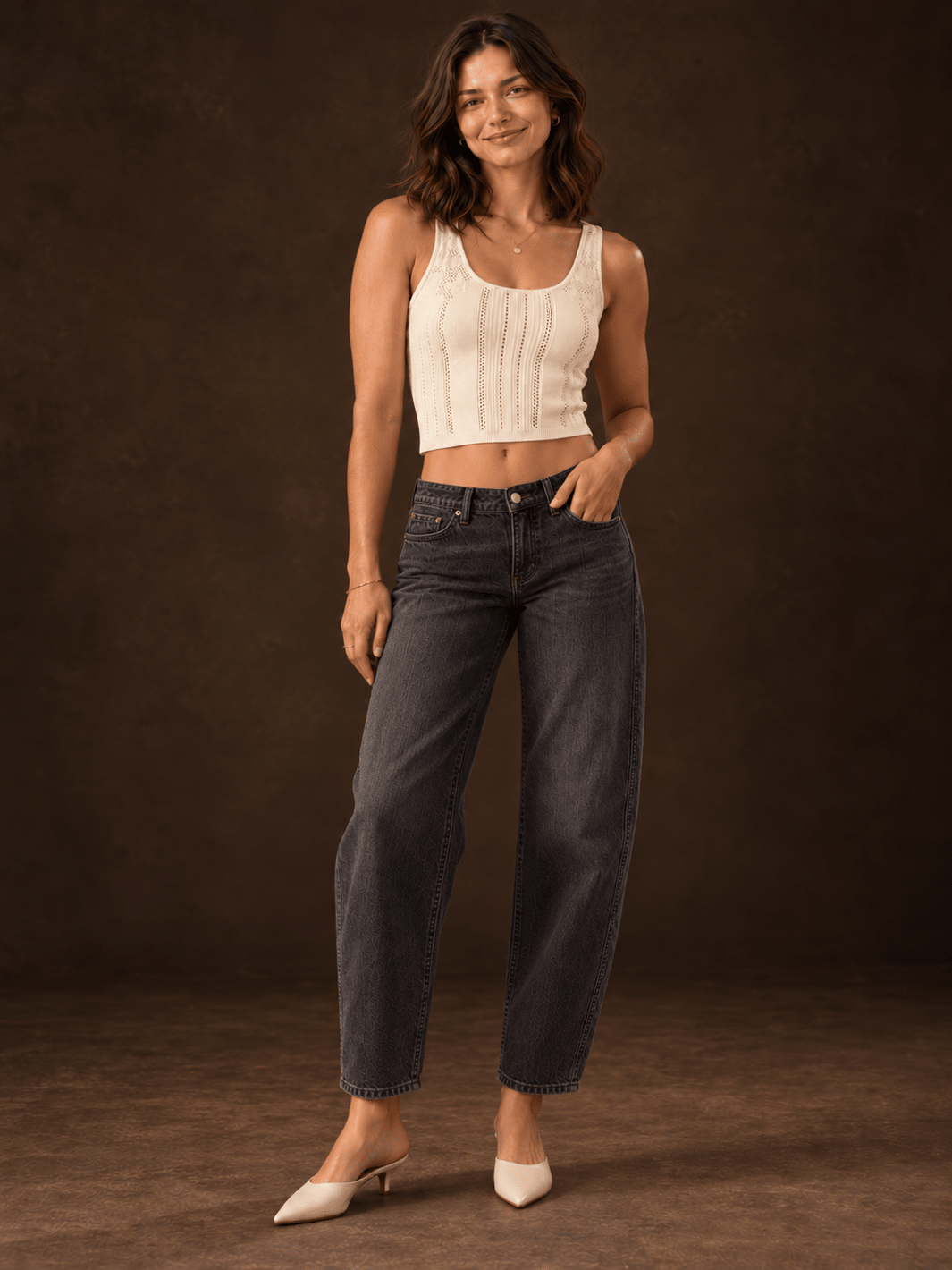 Daze Denim Replay Low-Rise V-Waist Soft Barrel Jeans in Motion — dark studio full-length model view | Jayden P Boutique