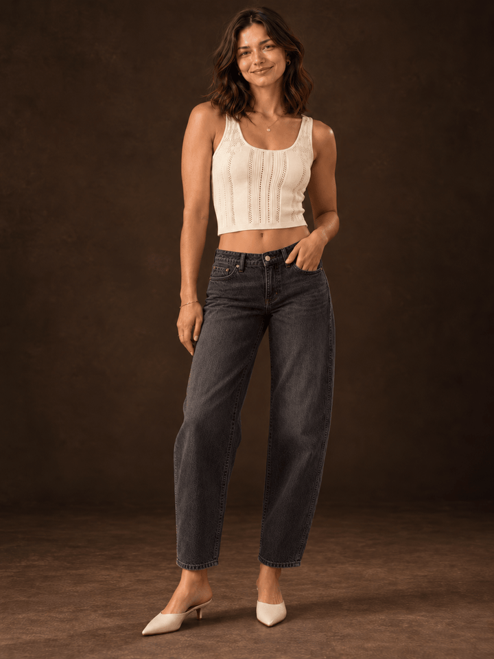 Daze Denim Replay Low-Rise V-Waist Soft Barrel Jeans in Motion — dark studio full-length model view | Jayden P Boutique