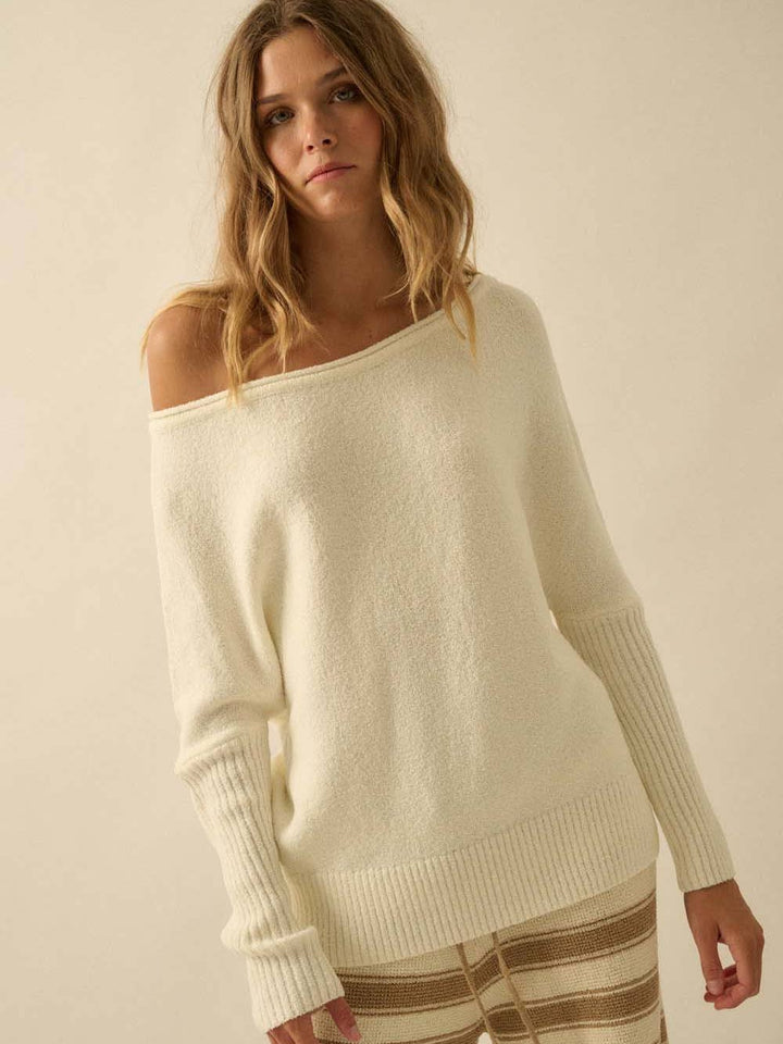 Eloise Boatneck Dolman Knit Sweater in Cream — textured knit close-up | Jayden P Boutique