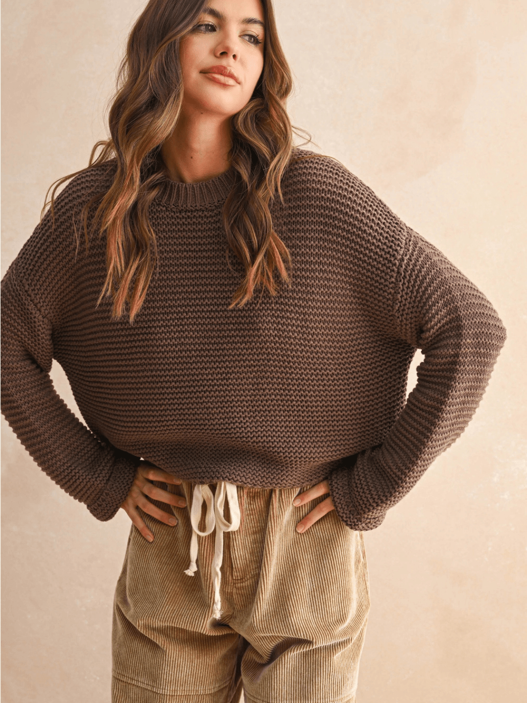 Laid-Back Luxe Chunky Knit Top in brown with a relaxed oversized fit and round neckline on a model.