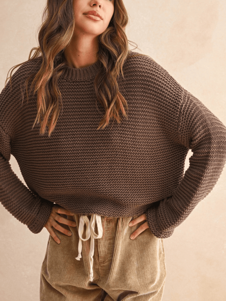 Brown Laid-Back Luxe Chunky Knit Top with cozy texture, relaxed oversized fit, and round neckline.