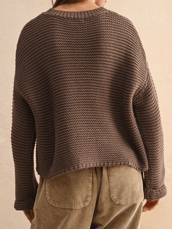 Laid-Back Luxe Chunky Knit Top in brown, oversized relaxed fit with round neckline, back view.