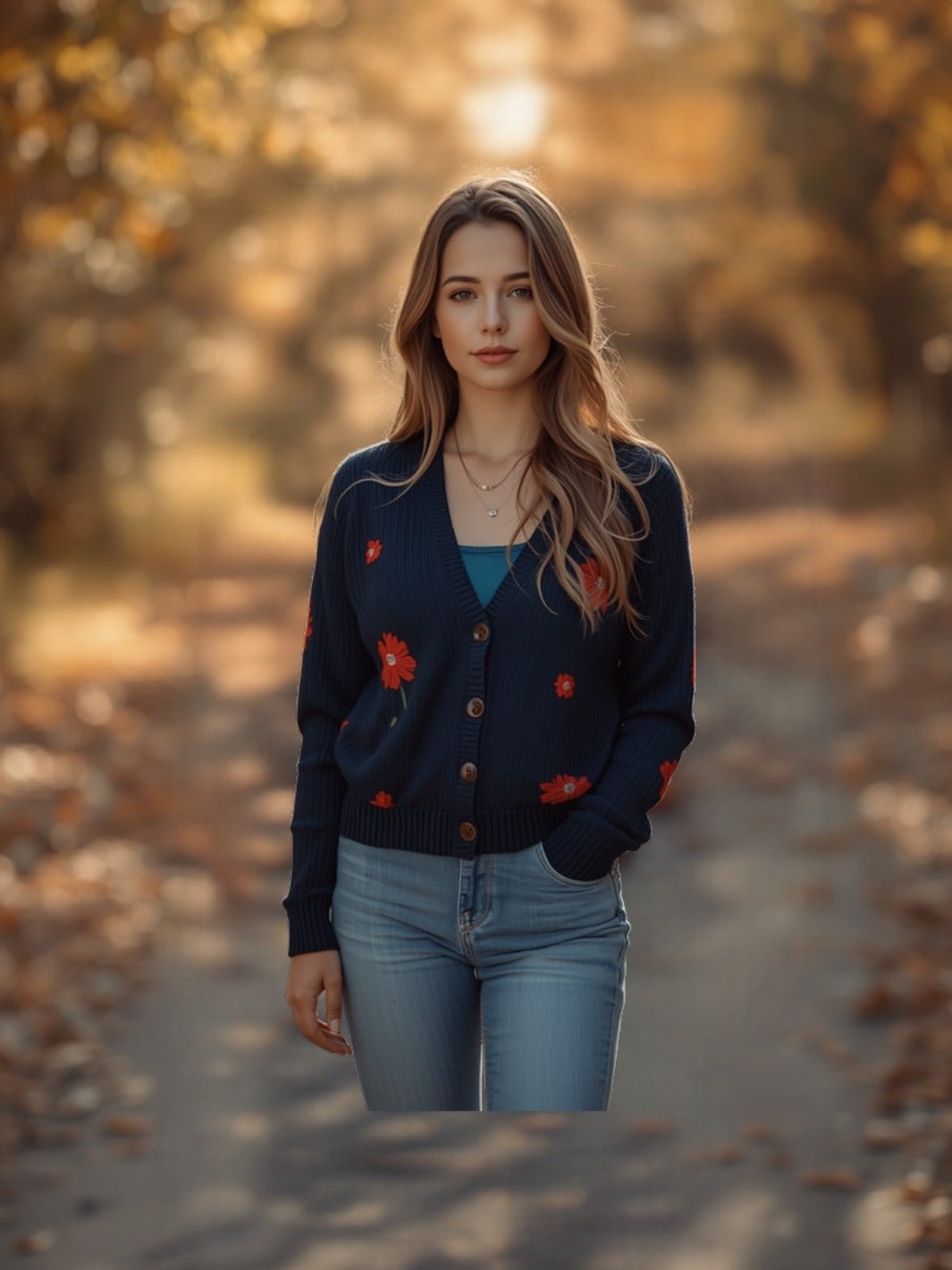 Margot Flower Knit Cardigan in Navy — lifestyle, cozy fall outdoor | Jayden P Boutique