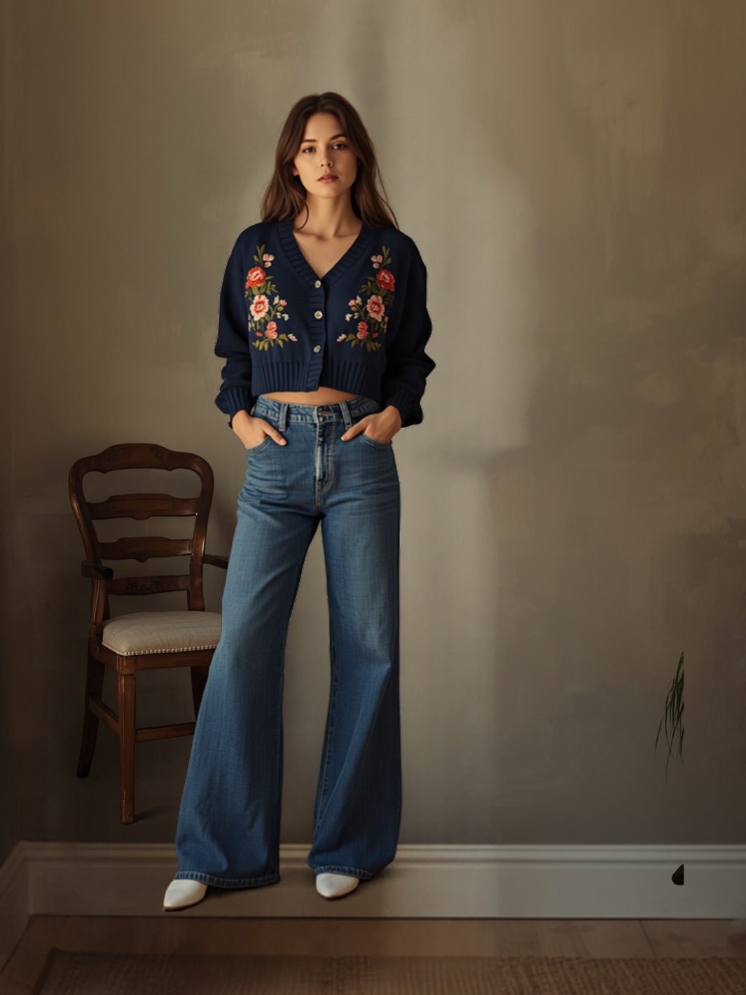 Margot Flower Knit Cardigan in Navy — lifestyle, boutique styled shot | Jayden P Boutique