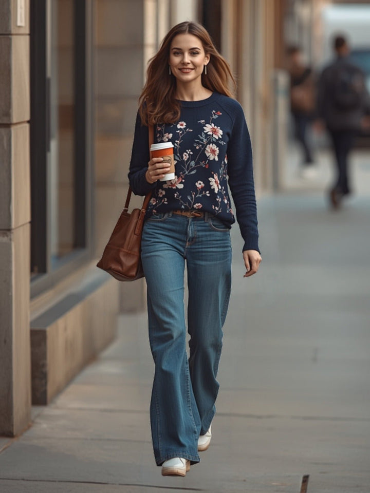 Margot Flower Knit Cardigan in Navy — lifestyle, street style with denim | Jayden P Boutique