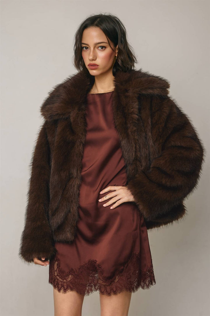 Dress Forum Mocha Cloud Faux Fur Jacket in Chocolate — oversized wide lapel open front coat | Jayden P Boutique