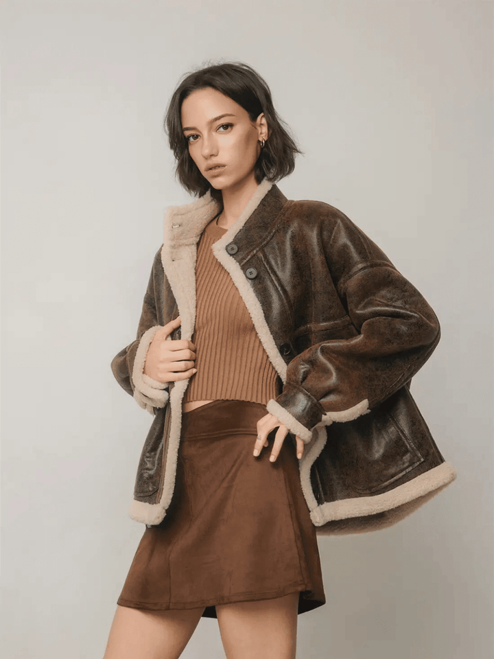 The Renegade Shearling Moto Jacket in distressed brown, front view with cream sherpa trim, styled by Jayden P Boutique.