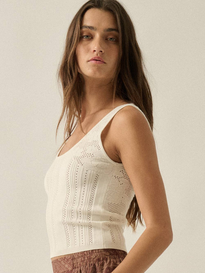 Wildflower Pointelle Knit Tank Top in Cream — three-quarter side view of fitted pointelle tank | Jayden P Boutique