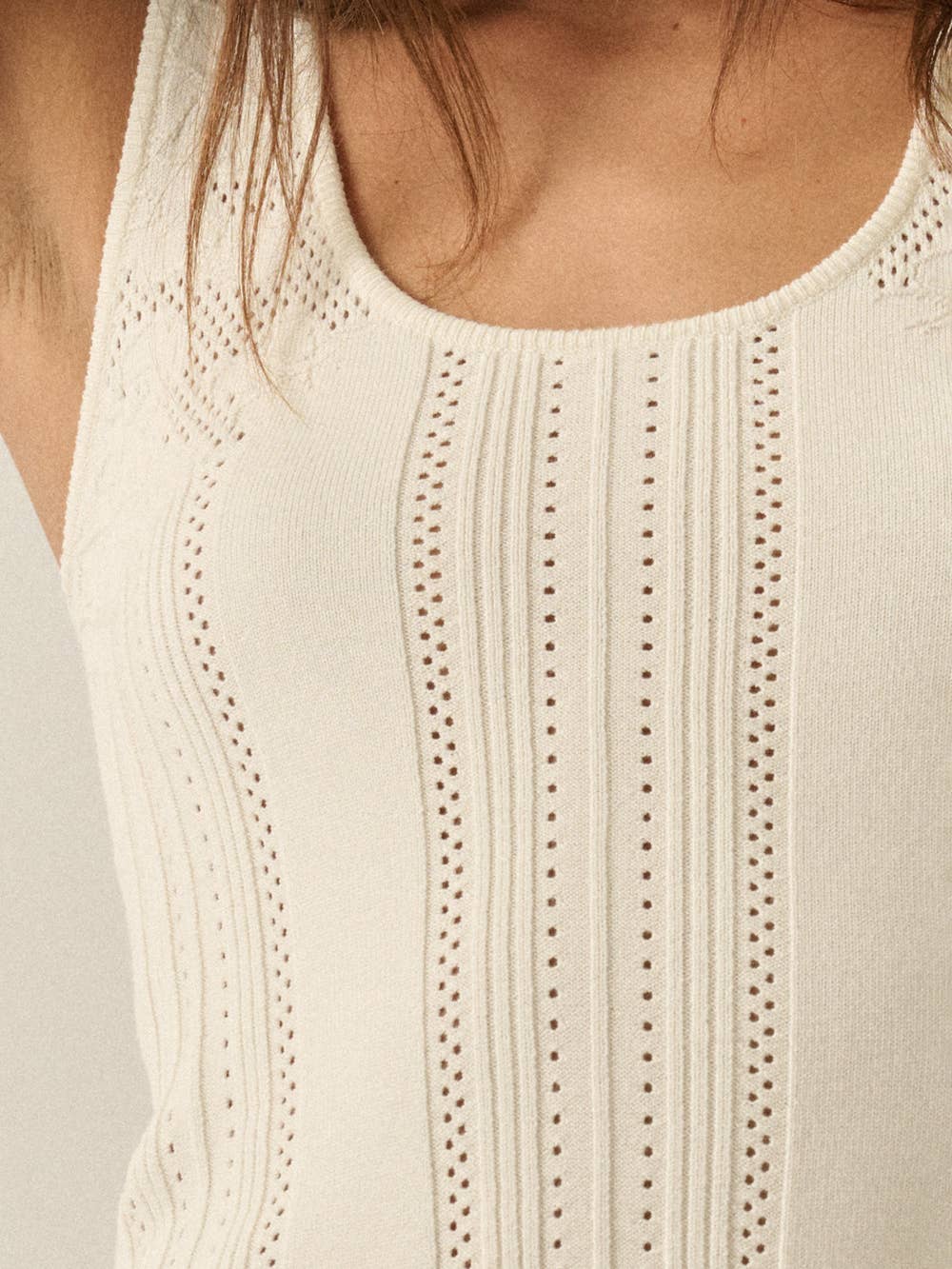 Wildflower Pointelle Knit Tank Top in Cream — close-up of scoop neckline and ribbed pointelle knit | Jayden P Boutique
