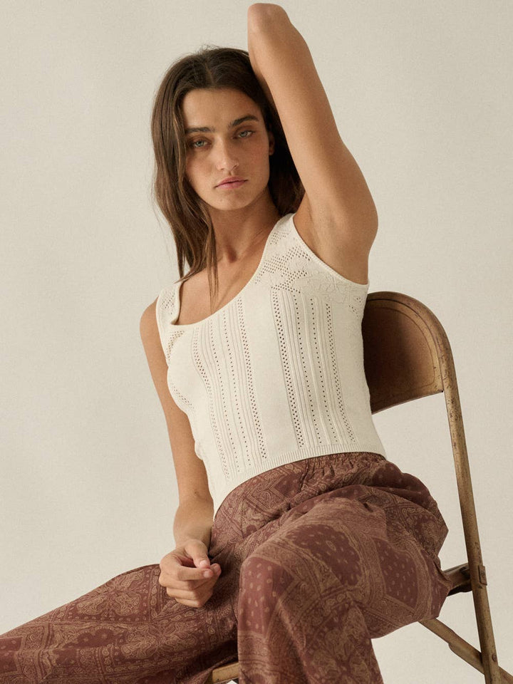 Wildflower Pointelle Knit Tank Top in Cream — seated view of sleeveless cropped knit tank | Jayden P Boutique